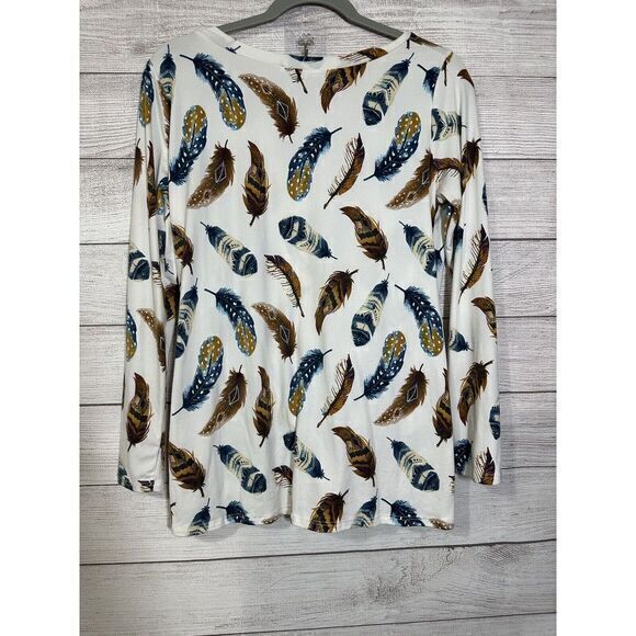 Viamor Womans Long Sleeve Pullover Top Small White Feathers Made‎ in USA Soft - Picture 5 of 5